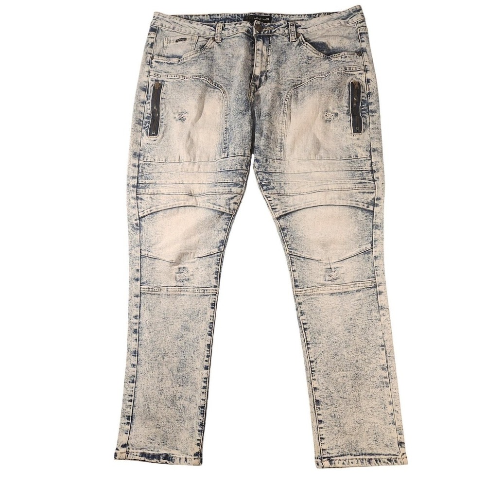 Phat Farm Jeans Mens 40x30 Blue Acid Wash Skinny Moto Biker Zipper Stretch Denim